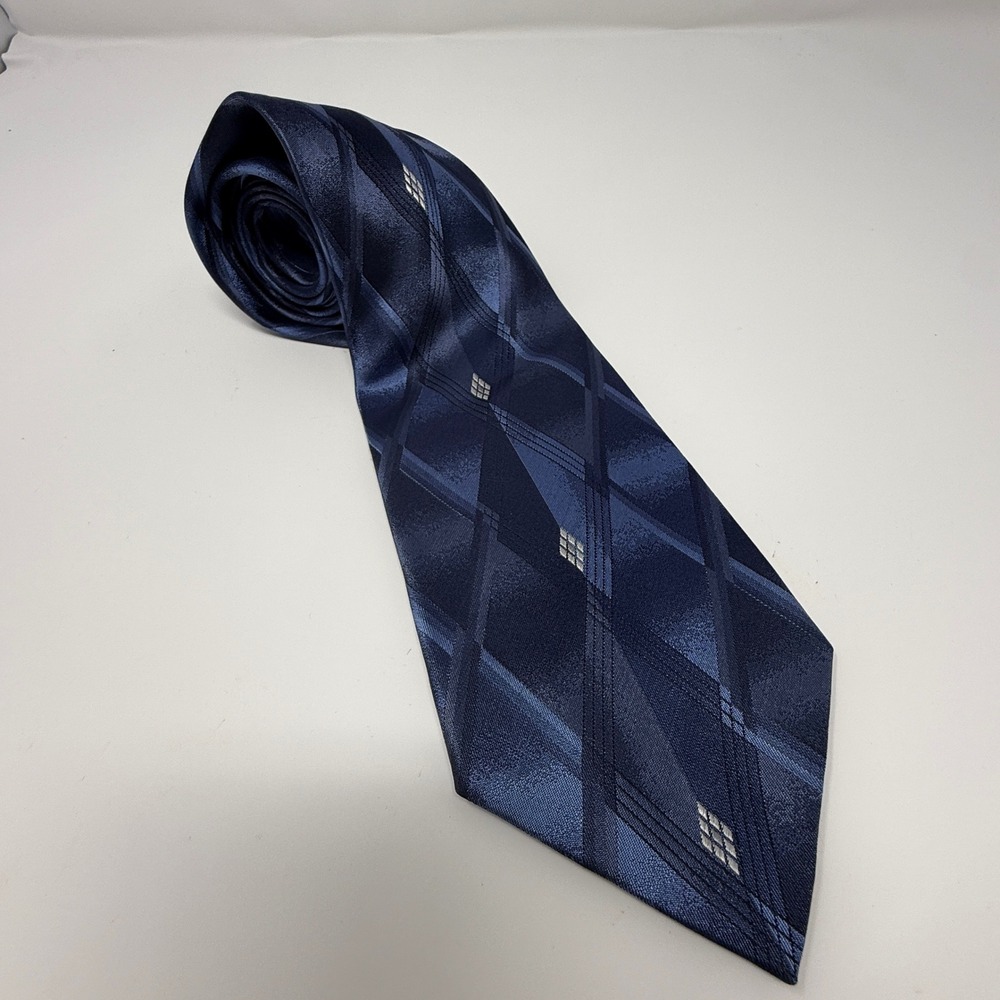 Pierre Cardin Mens Blue Geometric Diamond 100% Silk Necktie Dark Academia Preppy